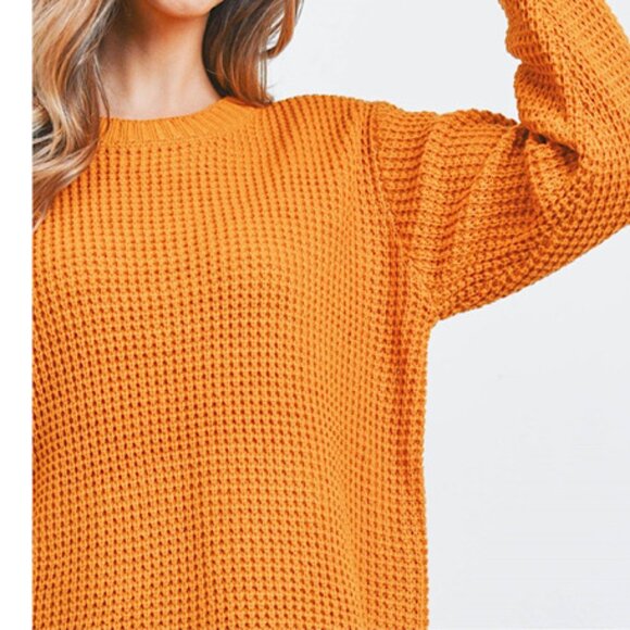 NWOT Zenana Hi- Low Long Sleeve Round Neck Waffle Sweater in Golden Mustard - Picture 5 of 8